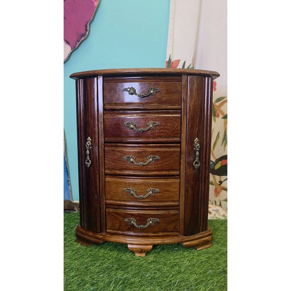 Vintage Mele Oak Wood Jewelry Box Drawers, Doors, And Lift Top 13.75